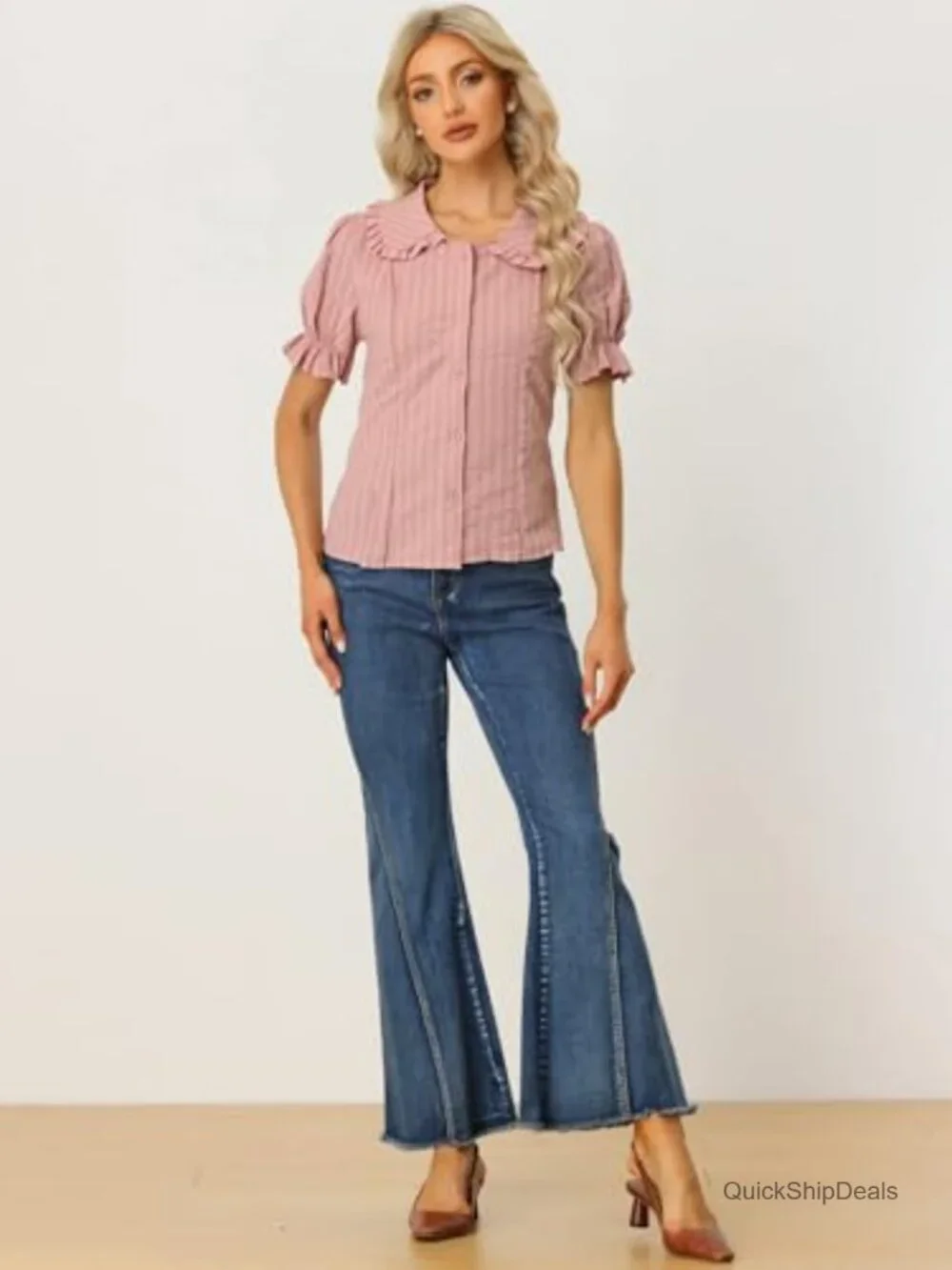 Peter Pan Collar Button Down Shirt Short Sleeve Cotton Blouse
